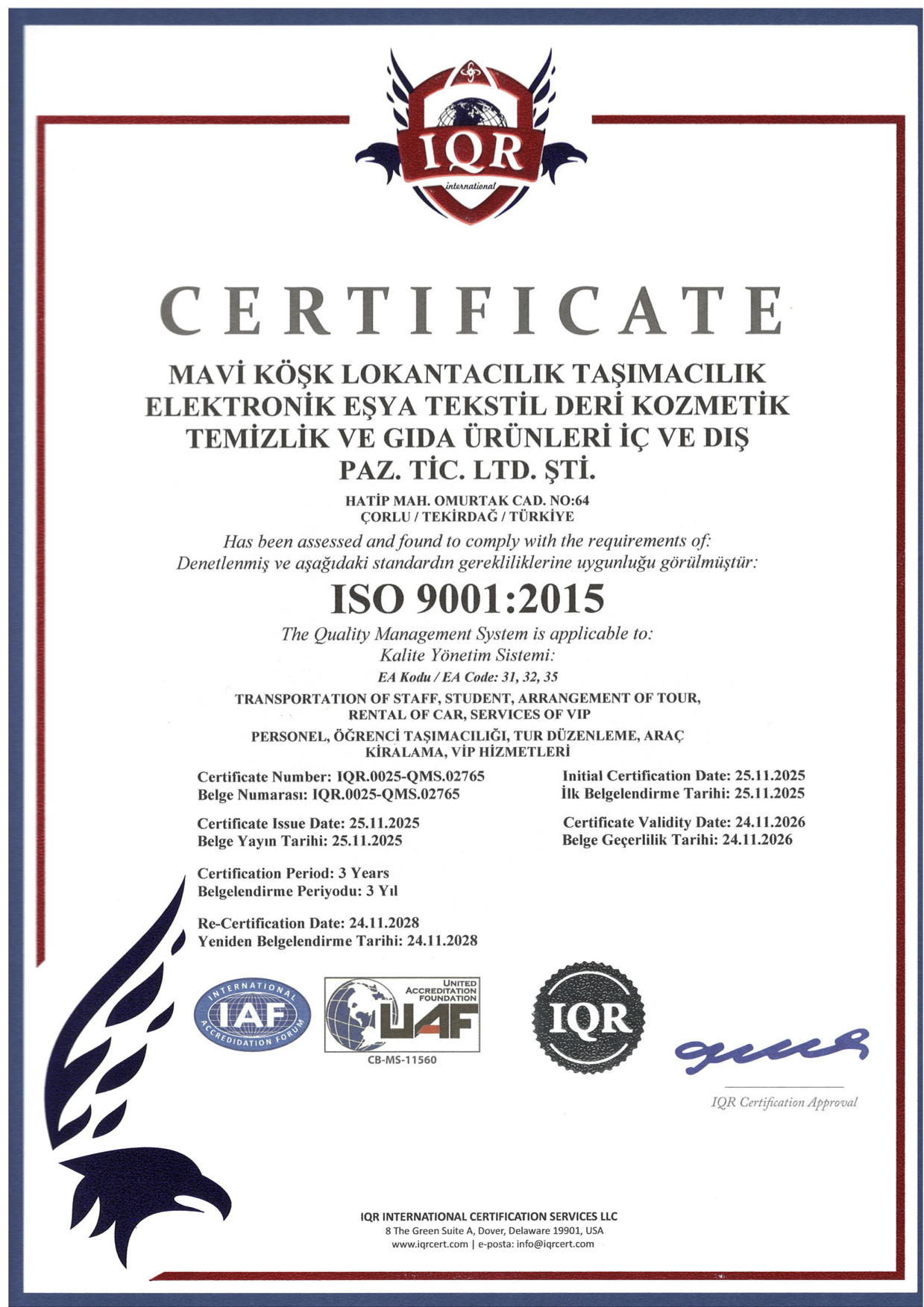 Kalite Yönetim Sistemi Sertifikası