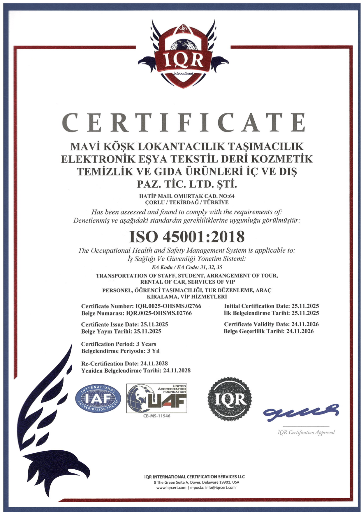 İş Sağlığı ve Güvenliği Yönetim Sistemi Sertifikası
